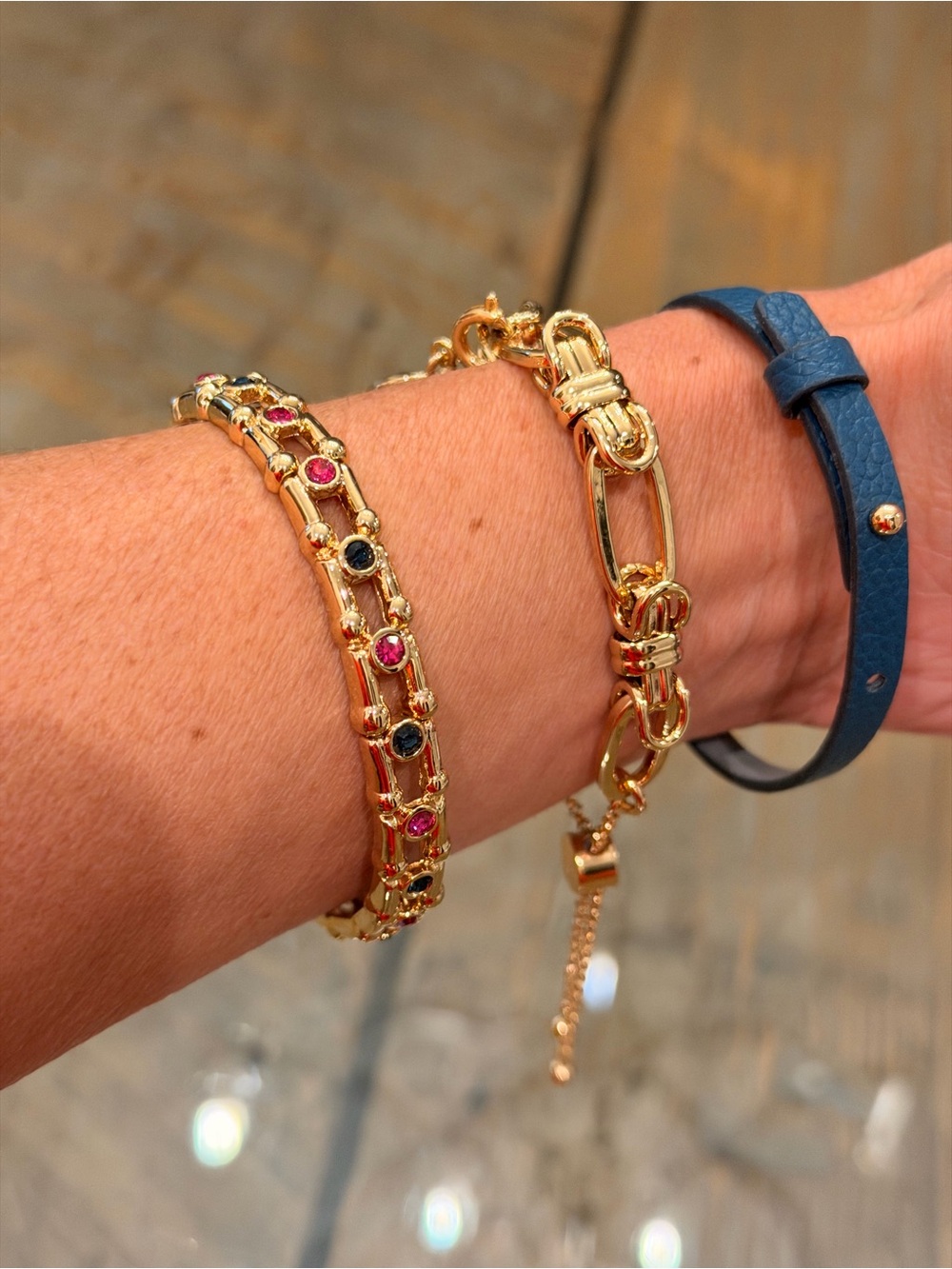 Bomb Party NWT “Southern Charm” Gold-Tone Bracelets Navy Leather Accent! - Picture 6 of 12